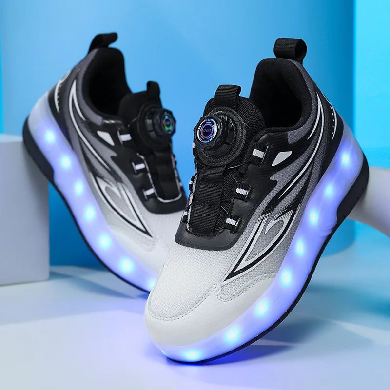 One-Click Retractable LED Light Up Roller Shoes, Breathable Skate Sneakers for Kids, Teens, Boys & Girls