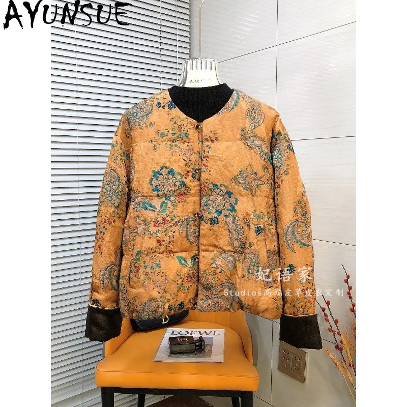 AYUNSUE Goose Down Jacket Woman Chinese Style O-neck Embroidered Outerwears Reversible Warm Winter Jackets Woman Clothes Casaco