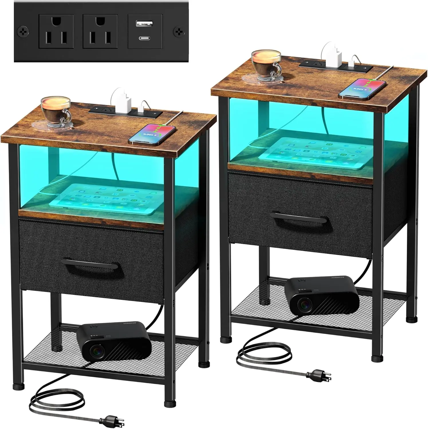 

Nightstands Set of 2 with Charging Station and Drawer, End Table Bedside Table with 20 Colors LED Light Strip and 2 Layers Sh