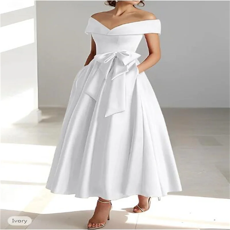 

Vintage White Satin Cocktail Dresses Off the Shoulder Ankle Length Party Prom Gowns Homecoming Arabic Vestidos Evening Dress