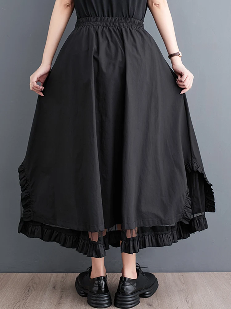 Mesh Patchwork Black Vintage High Waist Skirt Women New Irregular Plus Size Fashion Loose Casual Midi Skirts Clothes Summer 2024