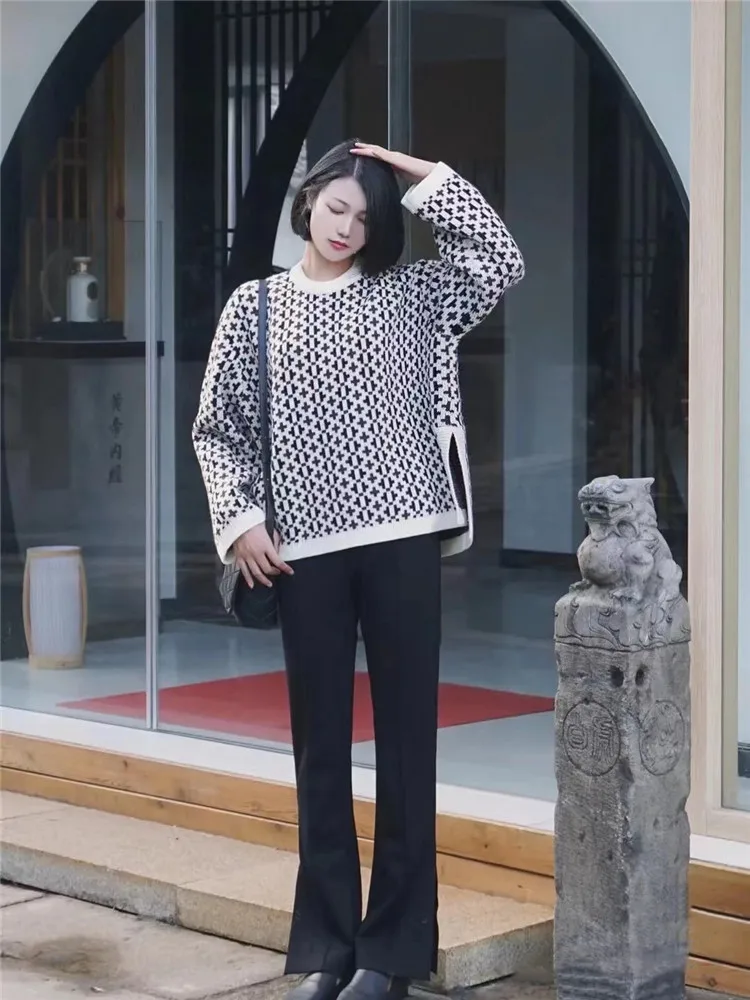 

Thiened Cross Pattern Woolen Knitted Sweater Loose Wide Sve Split Hem Long Sve Wool Blend Winter Faion Women's Top