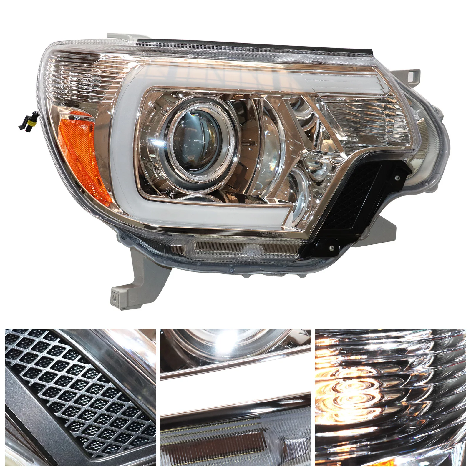 Left+Right Strip Bar Projector Headlights Direct Replacement For 2012-2015 Toyota Tacoma LED DRL Halogen Model Headlamps