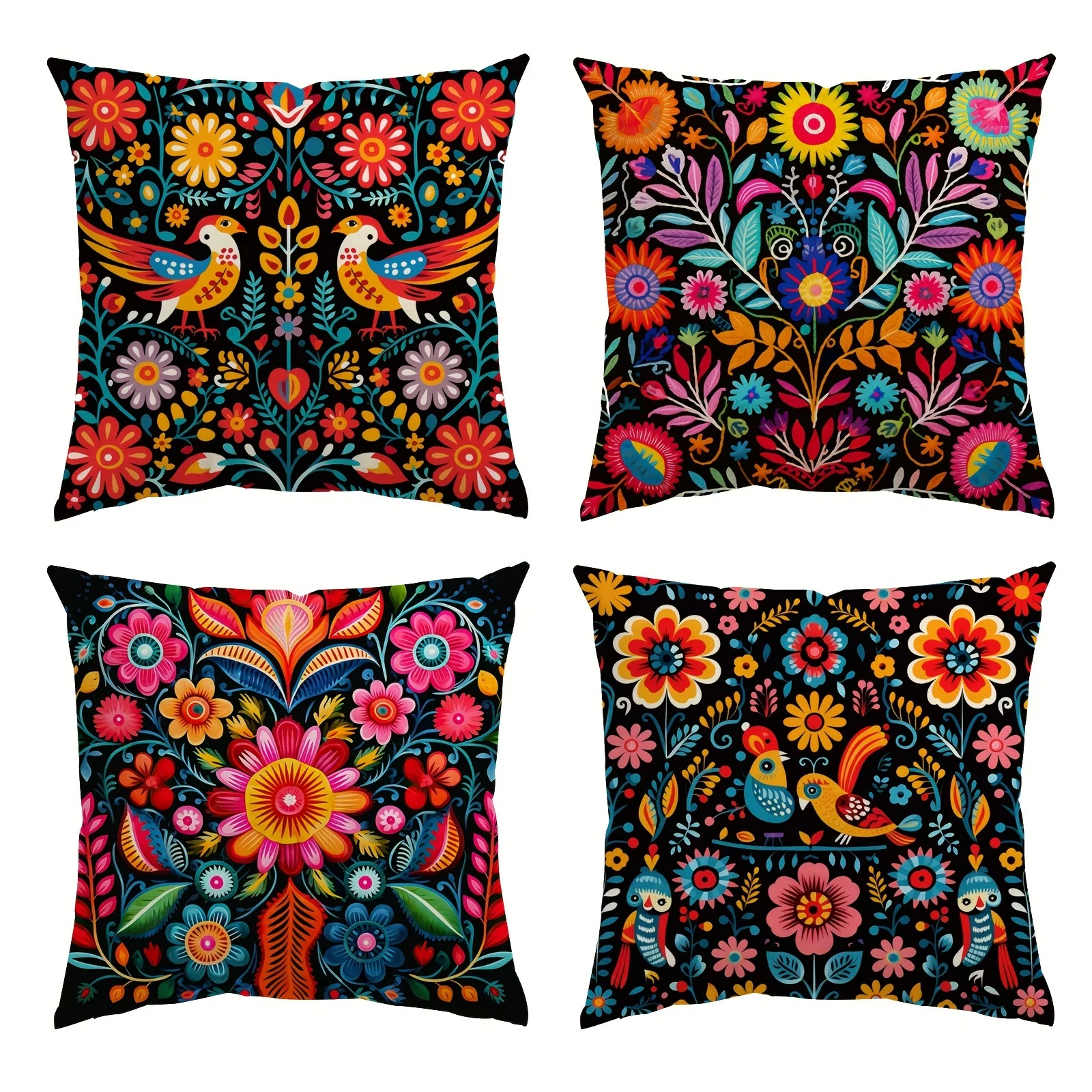 Set of 4 Mexican Festival Pillow Covers – Day of the Dead & Cinco De Mayo Dahlia, Dragonfly & Floral Design Party Home Decor