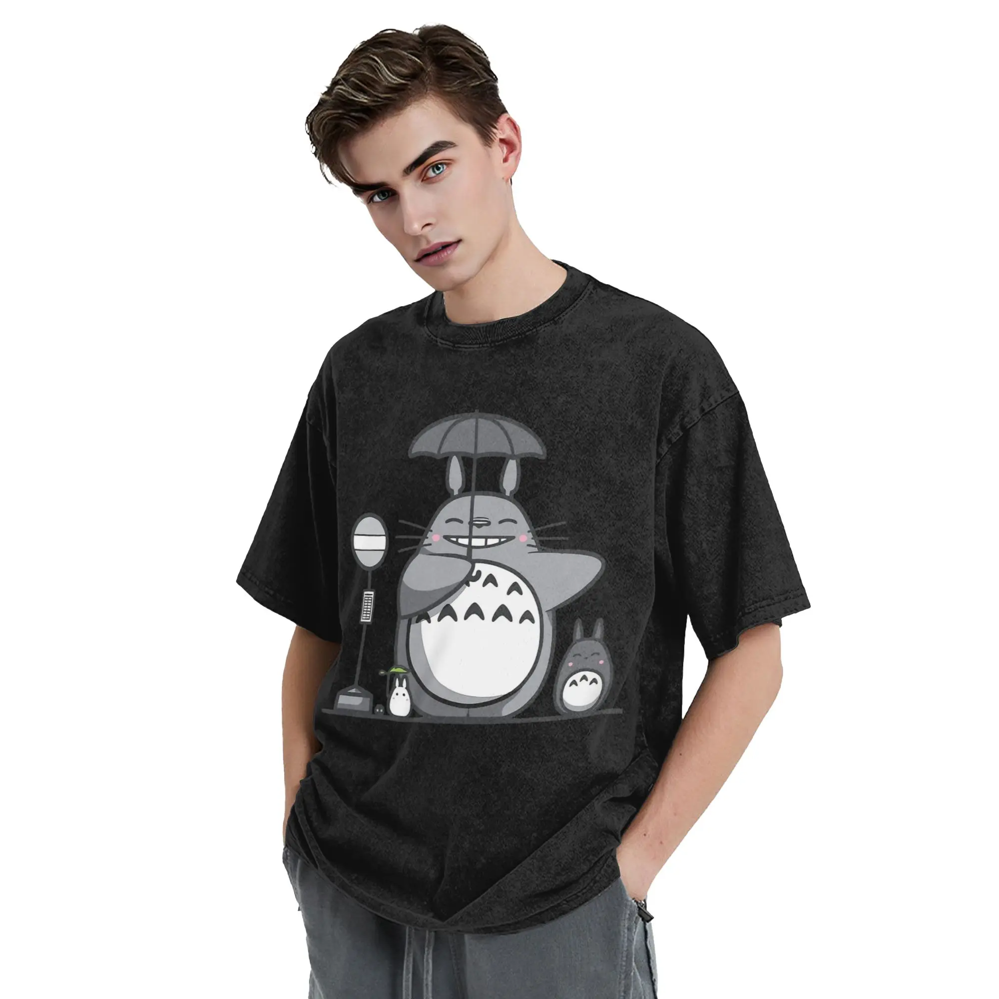 Gewaschene T-Shirts Anime Totoro-Miyazaki Bring The Umbrella T-Shirts Harajuku Streetwear Kurzarm bedruckte T-Shirts für Männer und Frauen – Detail 3