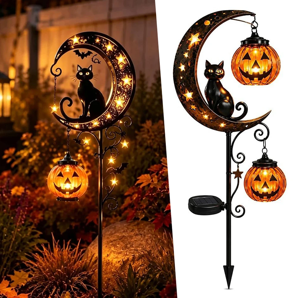 Halloween Spookys Passerelle Allume Lumières Chat Noir Et Piquets De Citrouilles Lampes Solaires De Jardin Toutes Saisons Marche/Arrêt Automatique Du Crépuscule À L'aube