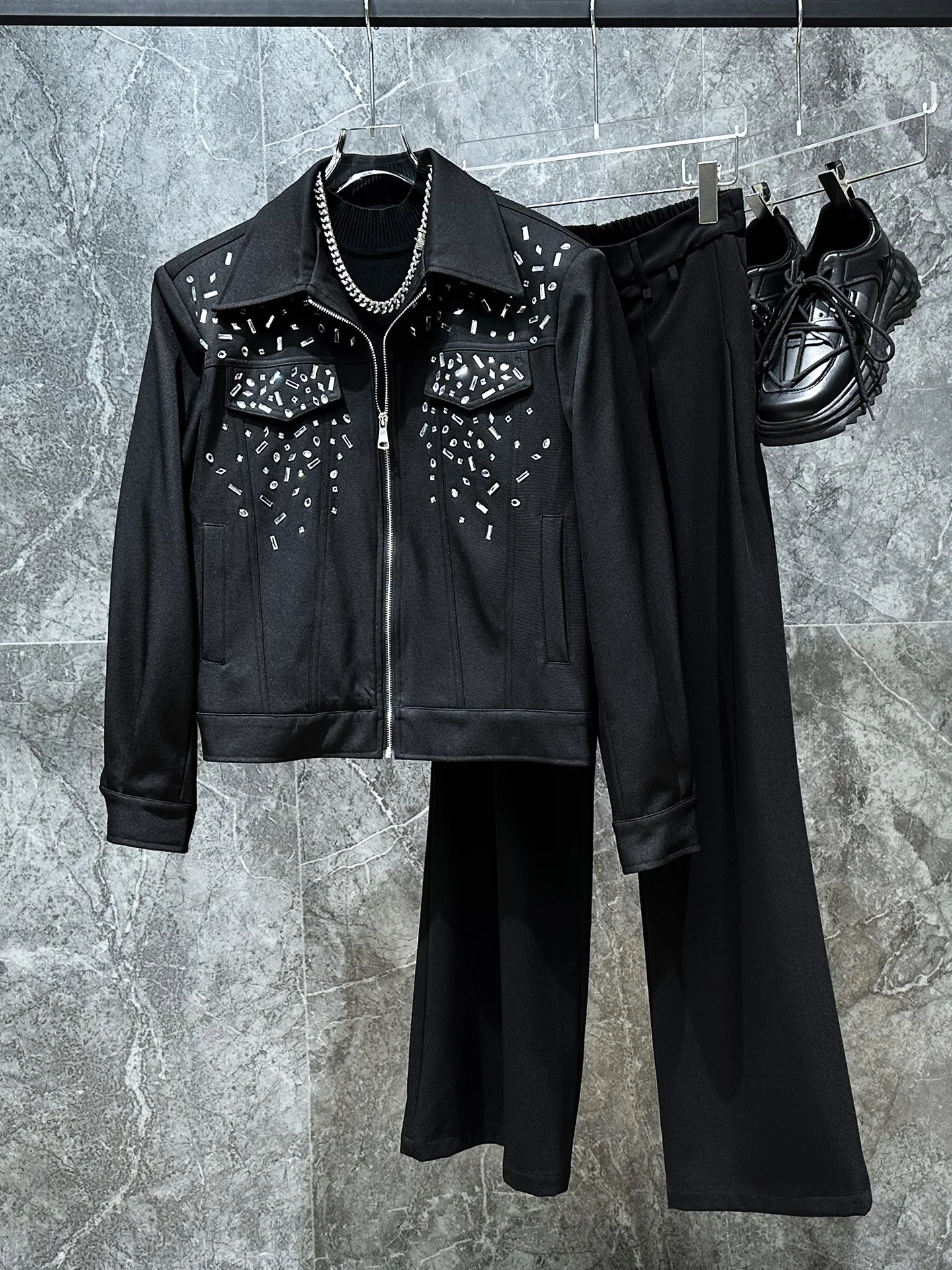 

Bla Rhinestone Jaet Men's ort oulder Padded Spring Autumn Trendy Design Casual Loose Fit Polyester Fiber Long Sve