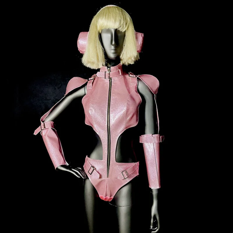 

Sexy Pink Leather Cutout Bodysuit Punk Locomotive Performance Clothes Women DJ Dancer Singer Nightclub Concert Stage Wear