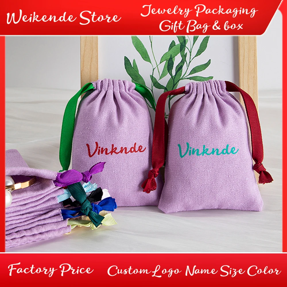 

100pcs Custom Logo Lovely Violet Jewelry Bag Soft Cotton Canvas Ribbon Drawstring Pouch Wedding Favor Makeup Cosmetic Packaging