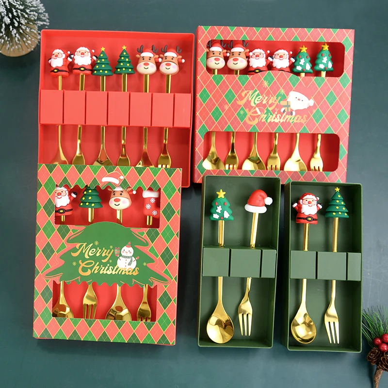 

2/4/6pcs Christmas Spoon And Fork Set Creative Tableware Tea Coffee Dessert Scoop Fork Exquisite Christmas New Year Gift Box Set