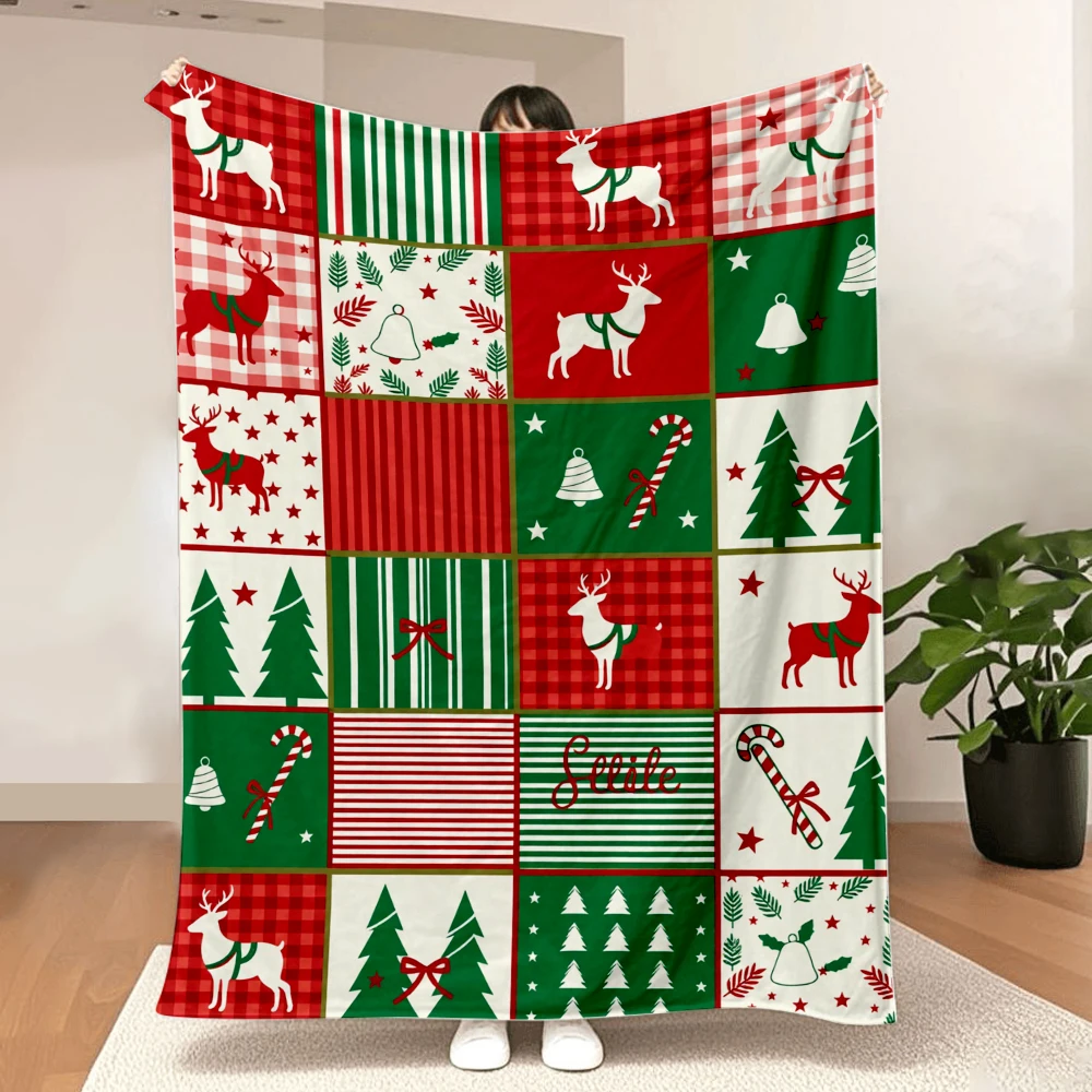 1PC Christmas Reindeer Plaid Print Blanket-Made of soft fluffy flannel, perfect for a sofa, bed or lounge chair. Ideal for Chris