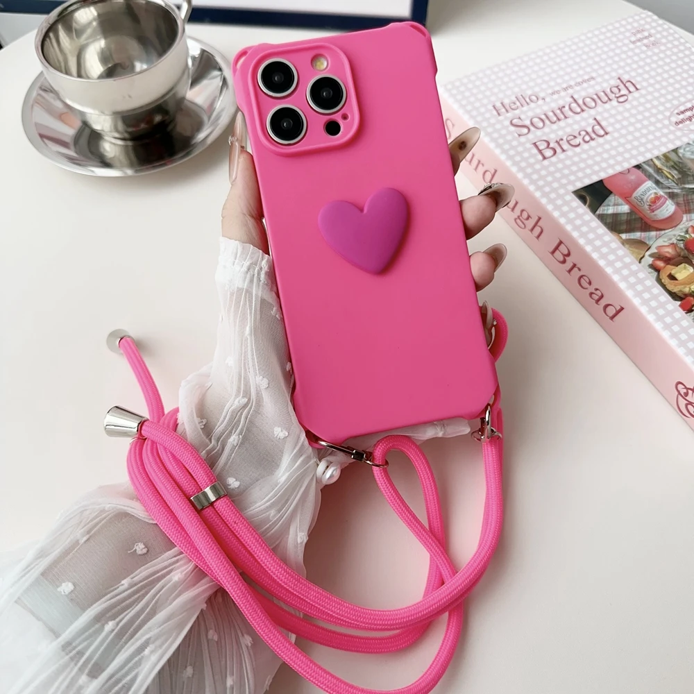 Crossbody Necklace strap Lanyard Cord Love Heart Soft Silicone Phone Case For iPhone 15 13 12 11 14 Pro Max XR X XS Plus Cover