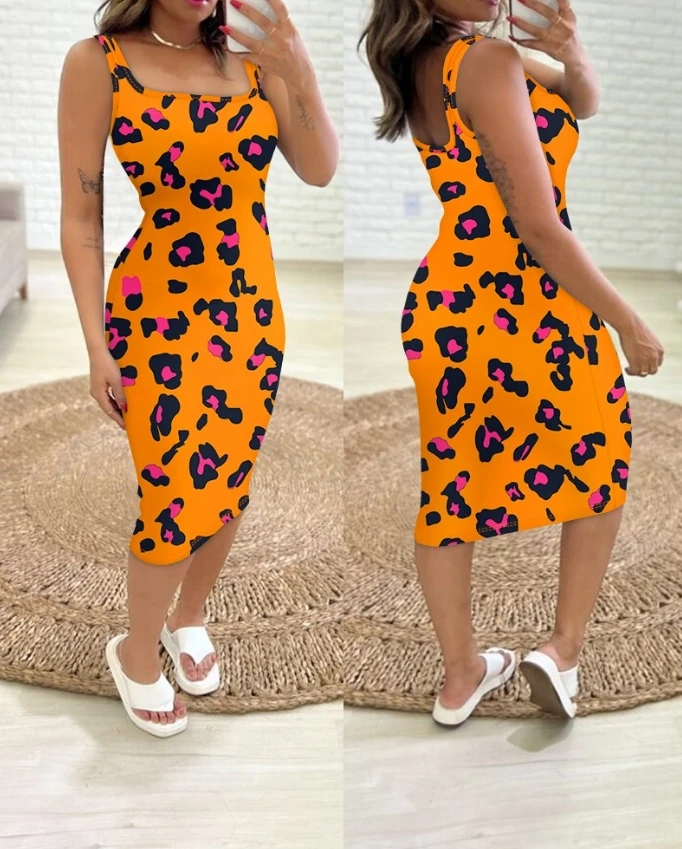 

Women's Dress Casual 2024 Summer New Multi Color Leopard Pattern Sleeveless Tank Top with Square Neck Tight and Elegant Dress