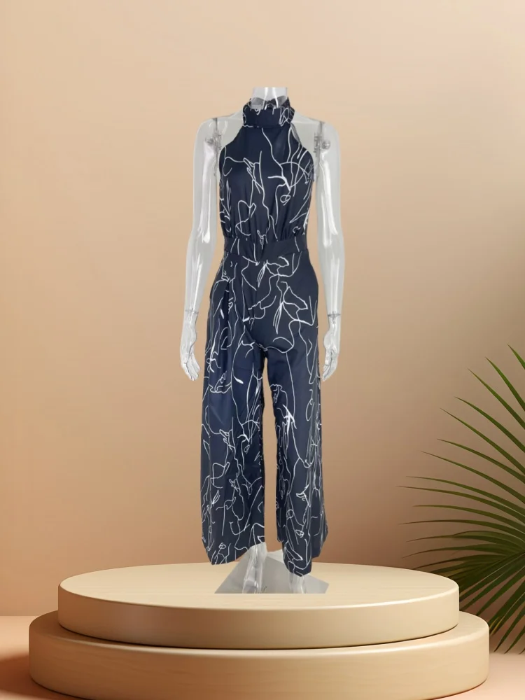 

Sister Star Women's Jumpsuit Fashion Casual Round Neck Short Sleeve Sexy Print Large Flared Pants Temperament Commuter Jumpsuit