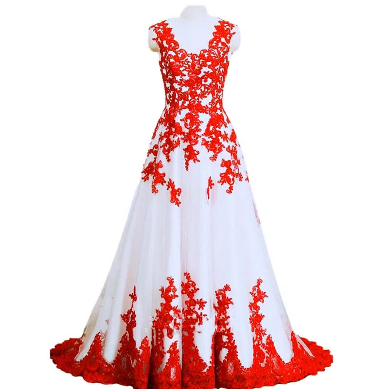 Vintage White And Red Wedding Dress Lace Applique Sleeveless Long  A Line Bridal Gowns V-neck Open Back Gothic Black Vestido