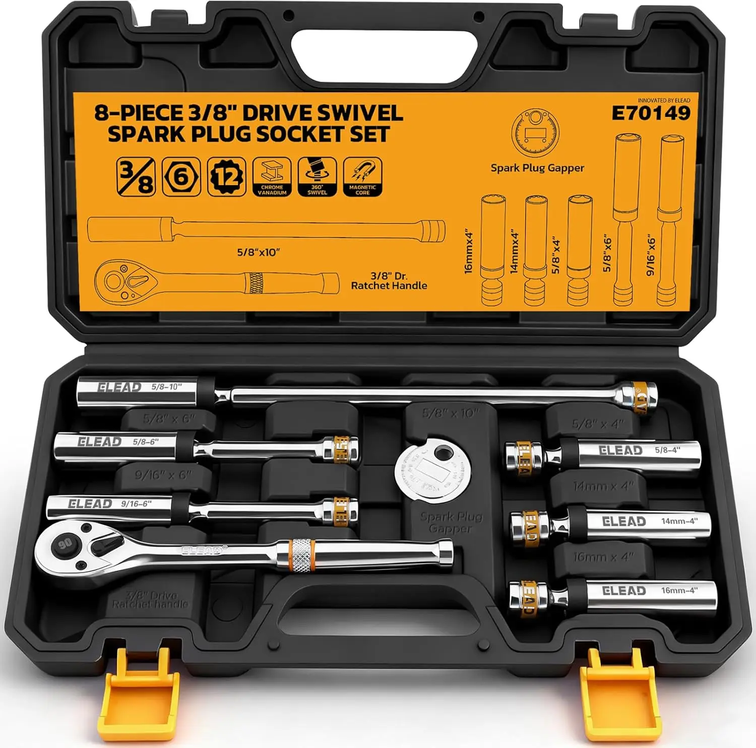 

8-Piece 3/8' Magnetic Spark Plug Socket Set, 5/8', 9/16', 14mm, 16mm, with Ratchet & Spark Plug Gapper