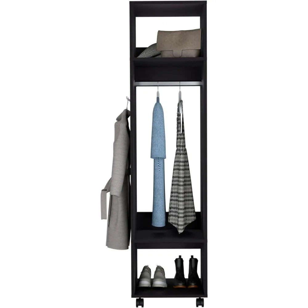 خزانة ملابس سوداء مدمجة مع مرآة ومساحة معلقة ورفوف لتخزين غرفة النوم الصغيرة الفعالة