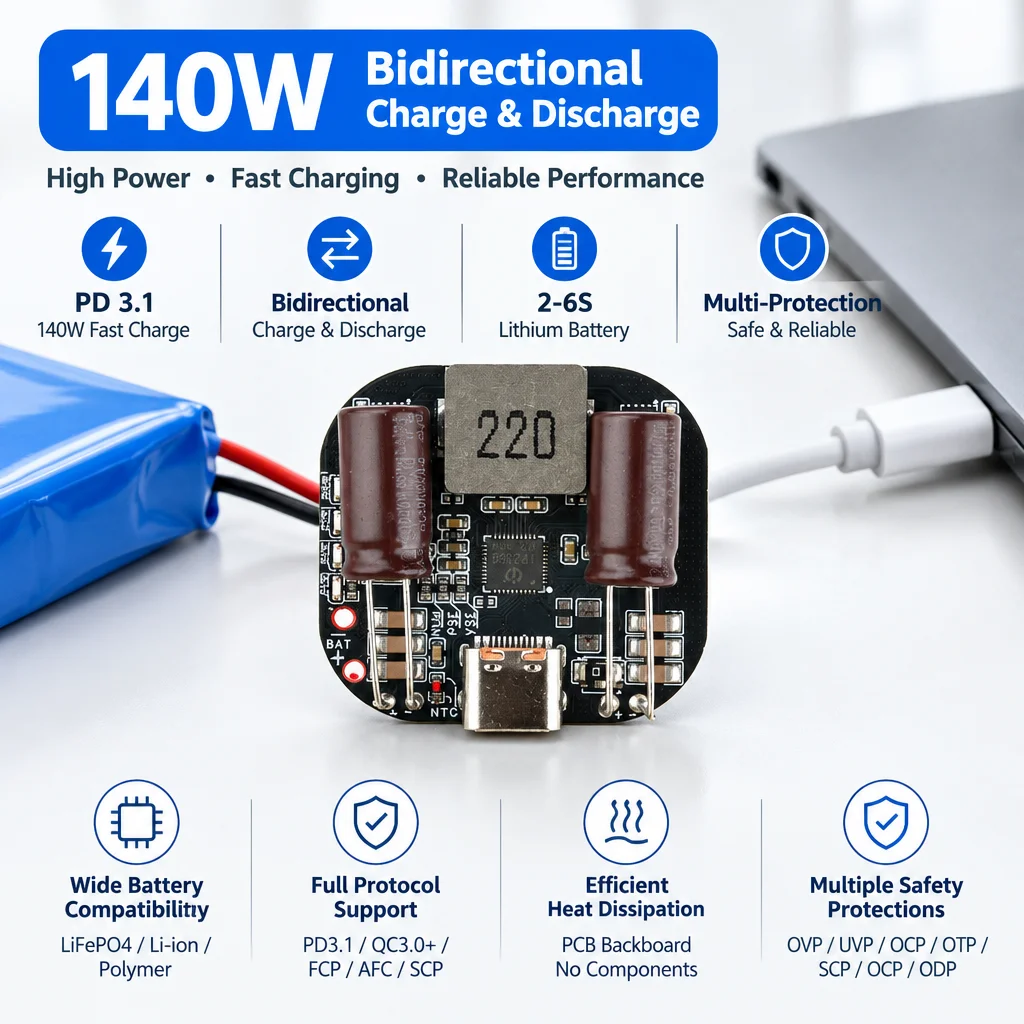 140W PD Fast Charging Module IP2366 For 2-6S Lithium Battery With Bidirectional Charging/Discharging PD3.1/QC3.0+/FCP/AFC/SCP