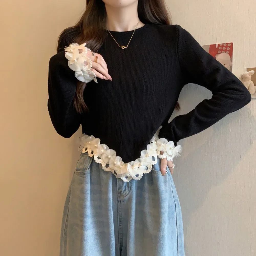 Großes Retro-Hemd mit schwarzer Basis für Damen, Spitze, einfarbiges Design, schmale Passform, schlankmachend, schlicht, elegant, Sinn für Mode