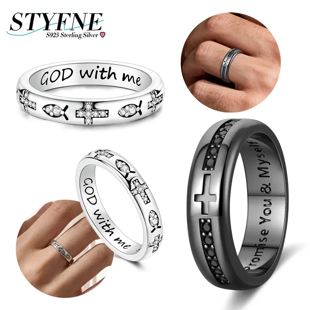 Original 925 Silver Cross Fish Zircon Ring GOD with Me Engraved Silver Black Ring for Women Men Religious Christian Jewelry Gift