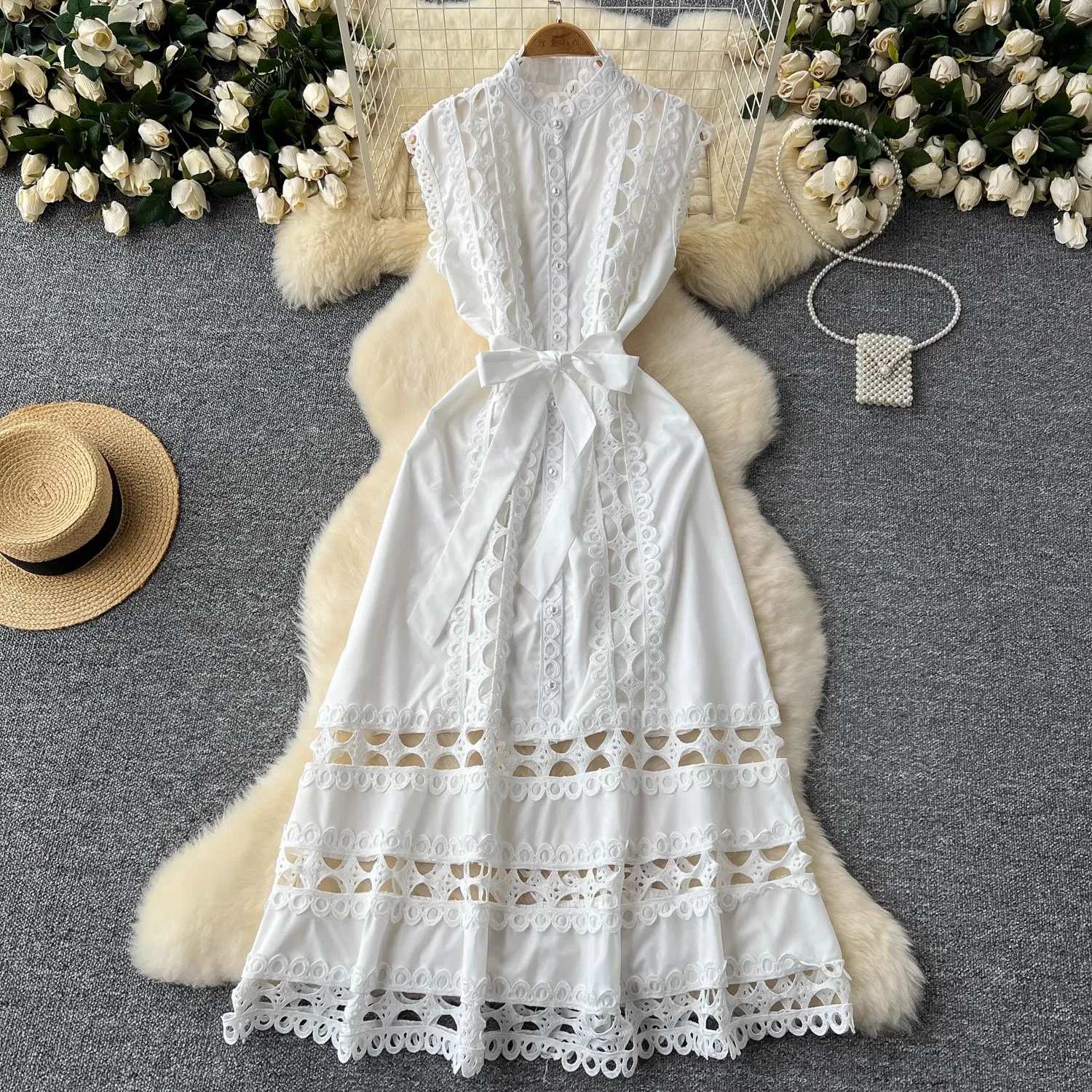 Elegant Summer Holiday Embroidery Ruffles Long Dress Women's Stand Sleeveless Hollow Out Crochet Lace Sashes Party Vestidos