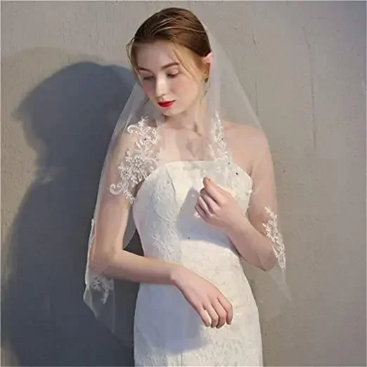 Voile de mariée perlé pour patients de mariage avec peigne, appliques en dentelle à 1 niveau