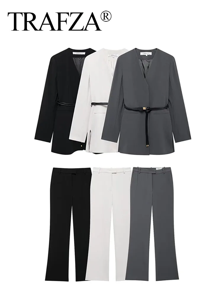 

TRAFZA Elegant Women V-Neck Long Sleeves Pocket Belt Decorate Blazer Top+High Waist Loose Casual Slim Wide Leg Pant 2 Piece Set