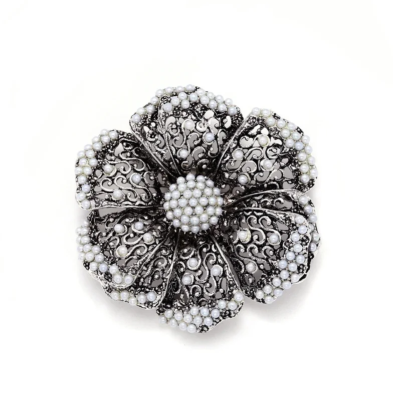 Morkopela Vintage Filigree Flower Brooch For Women Pearls Large Blossom Pins Scarf Clothes Clip Pin Banquet Brooches Jewelry