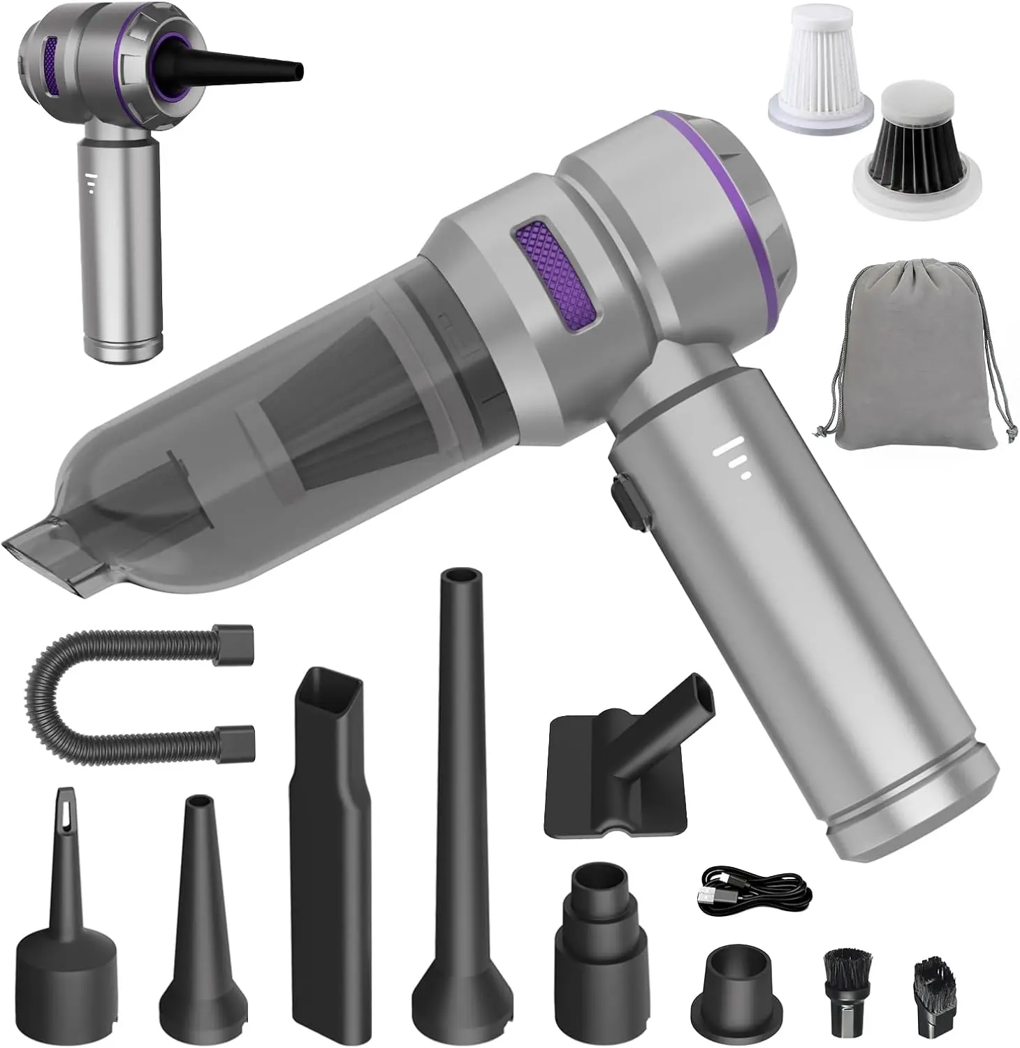 

Handheld Car Vacuum Cleaner, 4-in-1 Cordless, 22000PA High Power, Brushless Motor, Silver Purple