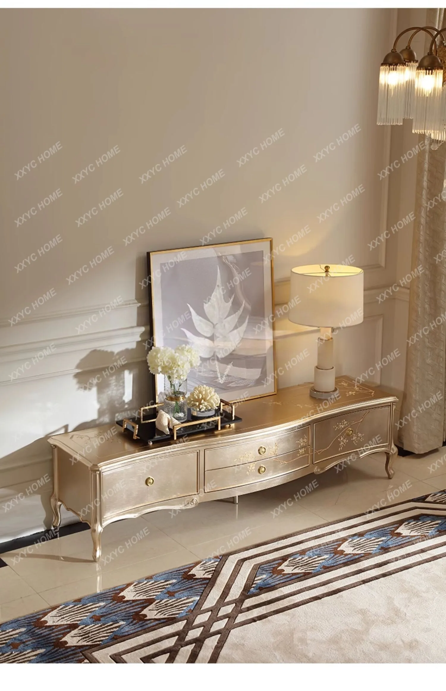 XX light luxury solid wood TV, storage cabinet  palace sticker silver foil hand-painted edge cabinet