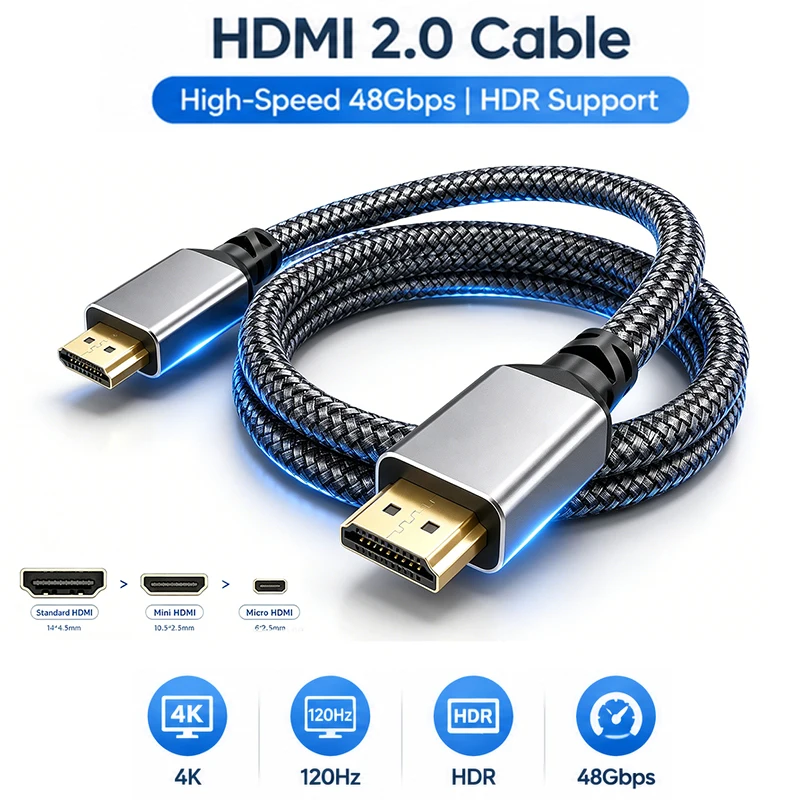 HDMI 2.0 4K 60Hz HDR 18Gbps High‑Speed Nylon Braided HDMI Cable TO HDMI/MINI HDMI/Micro0.3M‑10M for PS5 PS4 Laptop TV Monitor