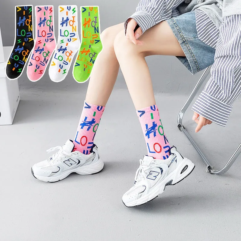 

4 Pairs Women's Long Tube Sock Korean Mid Calf Fashion Alphabet Sock Classic Street style Socks Comfortable Men Women Sock