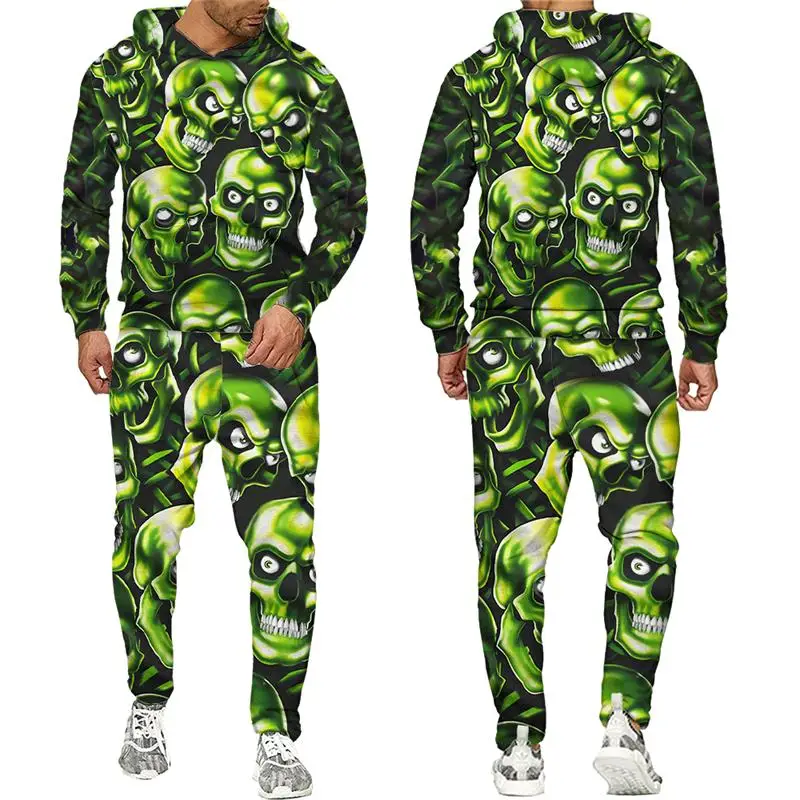 Sudadera con capucha de calavera de terror para hombre, ropa deportiva con estampado 3D, conjunto de 2 piezas, jersey de gran tamaño, trajes casuales Vintage para niños, Otoño, nuevo