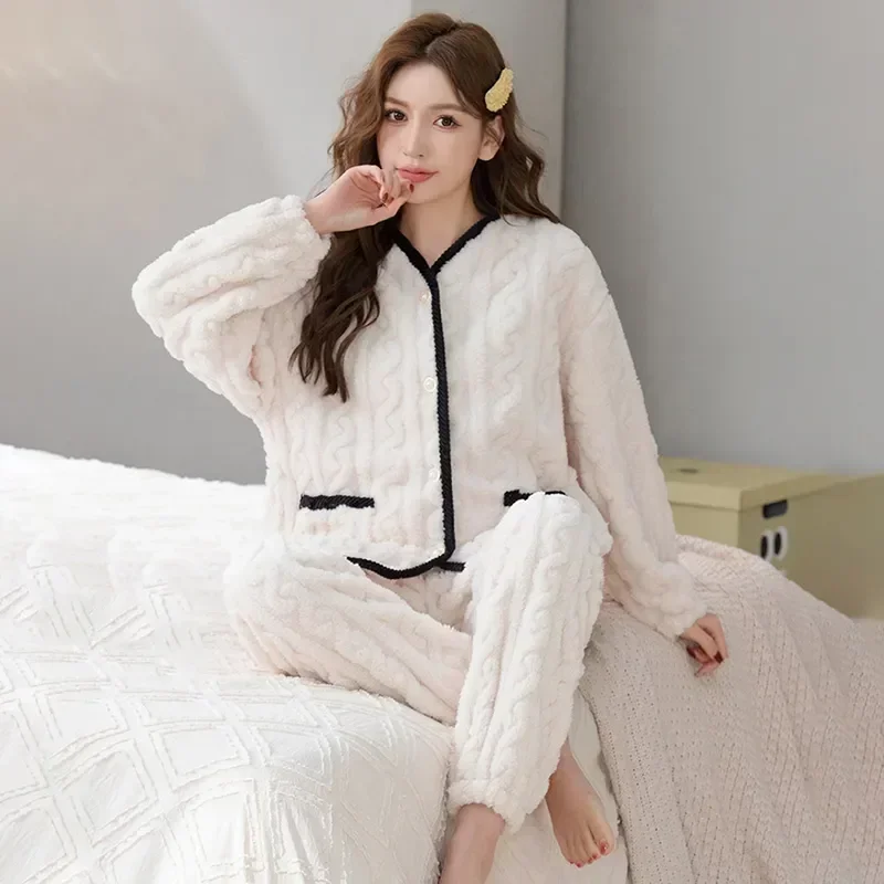 

Autumn Trousers Suit Pyjama Homewear For Casual Pj Pajamas Pijama Long Women Winter Sleep Top Flannel Warm Sets Two Piece Sleeve