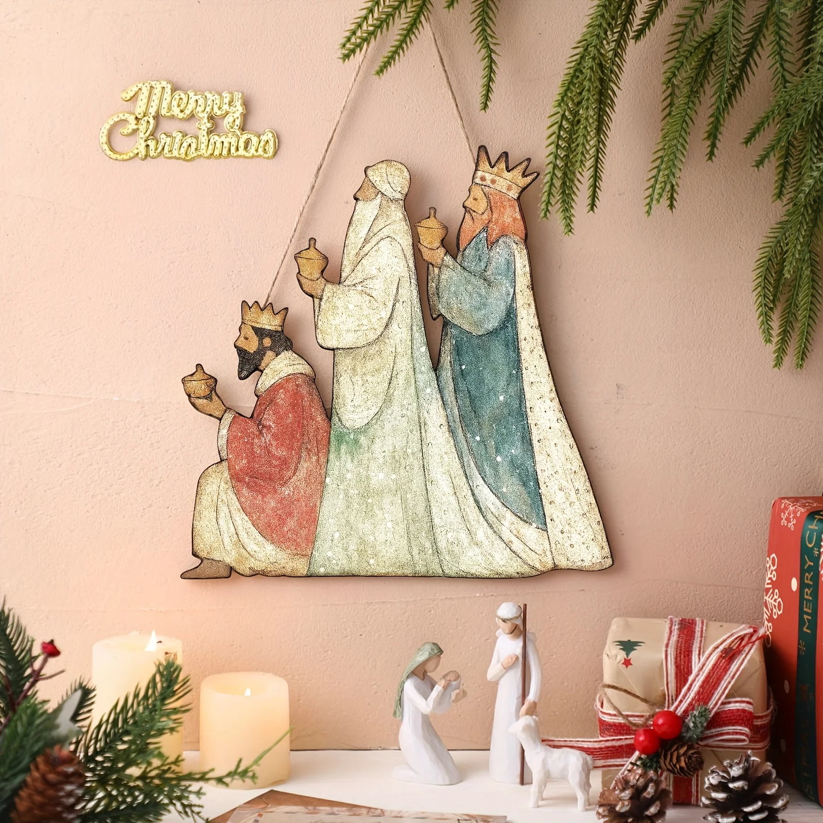 1pc Holz Weihnachten Tür Hängen Zeichen Drei Kluge männer Anhänger Festival Liefert Home Party Dekoration Weihnachten Ornament