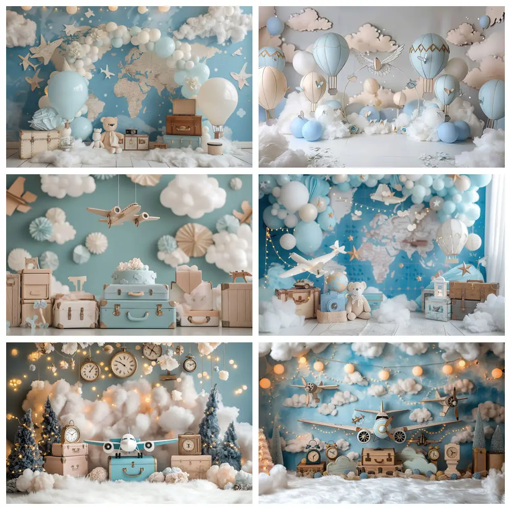 

Baby Shower Hot Air Balloon Aircraft Photography Backdrop Map Toy Bear Boys Girls Birthday Portrait Background Photo Studio Prop