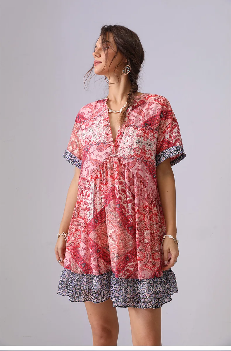 Robe rétro en Patchwork imprimé contrasté pour femmes, Mini robe ample à manches courtes, col en v, style Boho, décontractée, pour la plage, les vacances, été, 2025