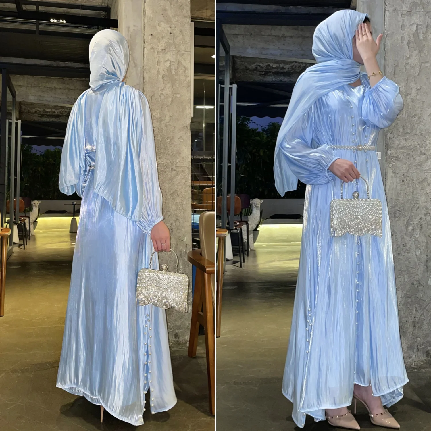 Women Eid Muslim Abaya Lantern Sleeve Gorgeous Party Dress Solid Pearls Long Robe Dubai Abaya Kaftan Streamer Yarn Vestidos