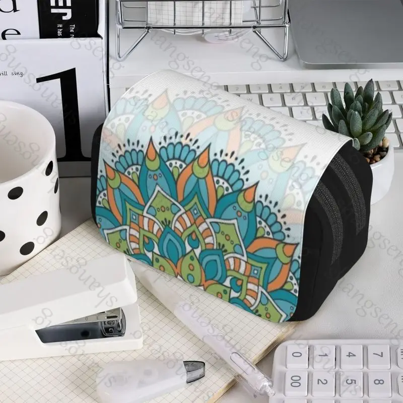 Vintage Mandala Double Layer Flip Pencil Bag School Supplies Children's Pencil Box Storage Cosmetic Bag Gift