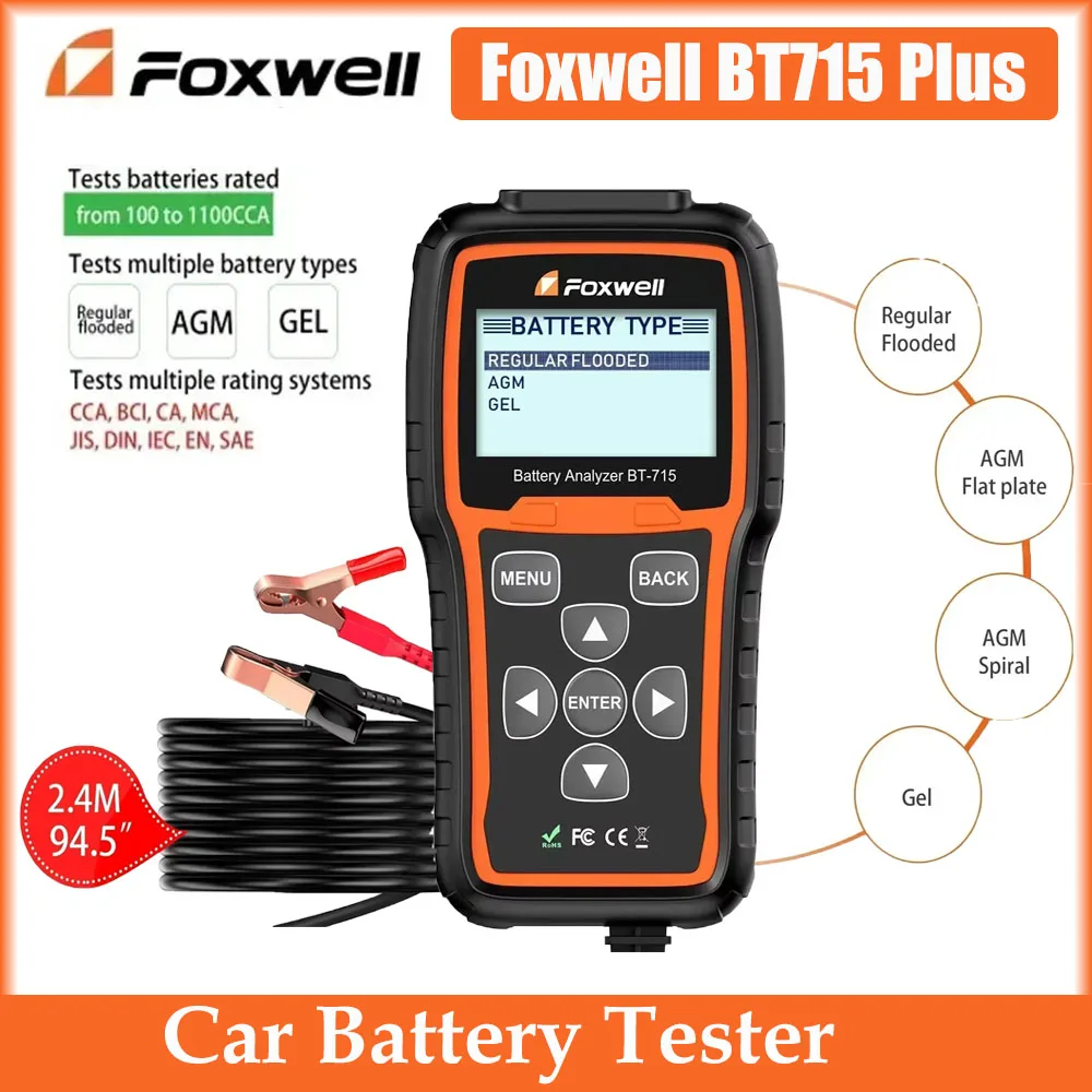 Probador de Baterías de Coche Foxwell BT715 Plus 12V y 24V, Analizador de Baterías de Placa Plana AGM/EFB, Reemplaza al Foxwell BT-705, Multi-idioma