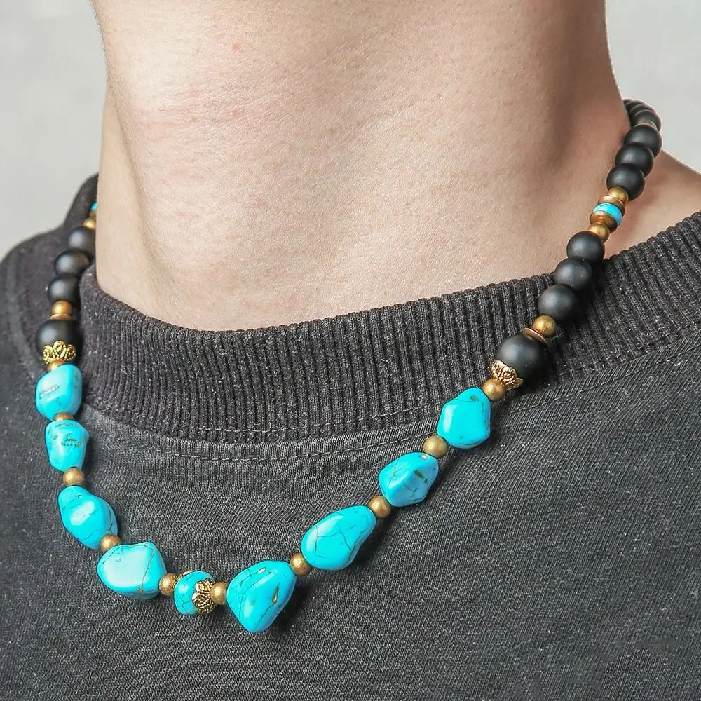 Ethnic Style Turquoise Necklace Men Texture Irregular Beaded Necklace Adjustable Black Beads Western Country Necklace Travel