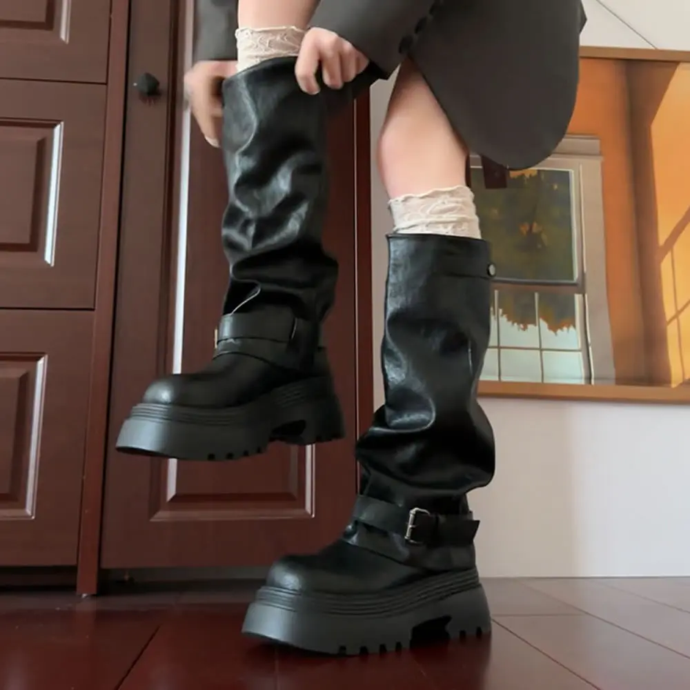 

Retro Briti Sle Women's Long Tube Boots Thi Bot Chunky Heel Knight Simple Match Heightening Faion Autumn Winter New