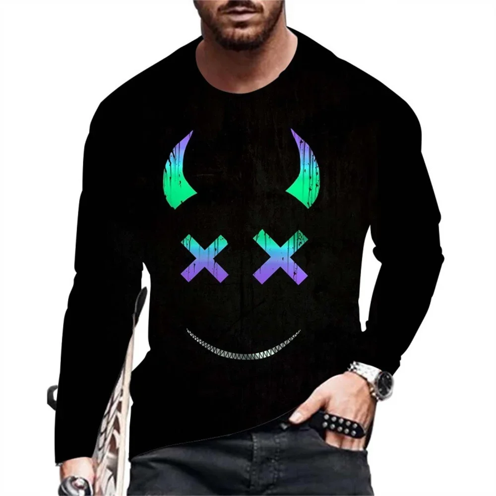 MenBlack Pink Cyan Splatter Smiley Face Print Long Sleeve Shirt XX Eyes Streetwear Casual Crewneck Breathable Trendy Premium Top