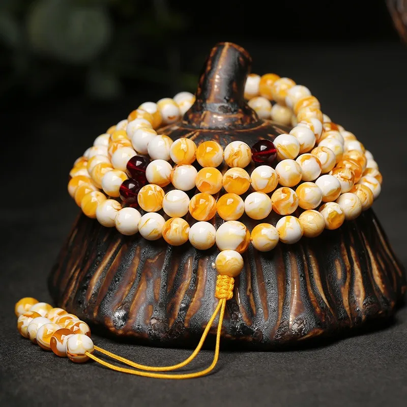 Amber White Flower Honey 108 White Necklace, Buddhist Bead Bracelet, Men's and Women's Prayer Bead Bracelet Bracelet