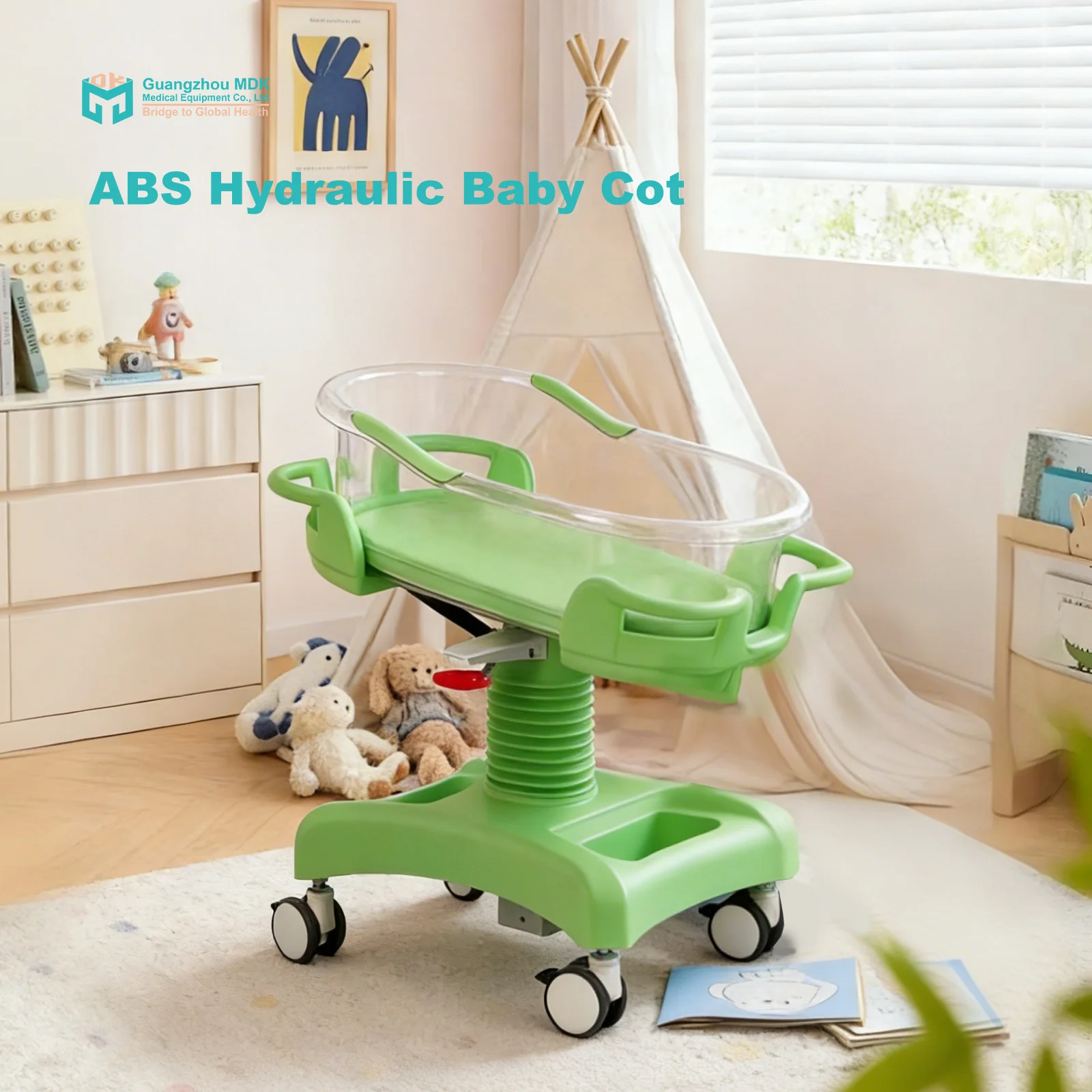 Cuna Médica Hidráulica de ABS Verde con Resorte de Gas, Altura Ajustable, Inclinable, para Bebés, para Hospitales y Cuidado en el Hogar