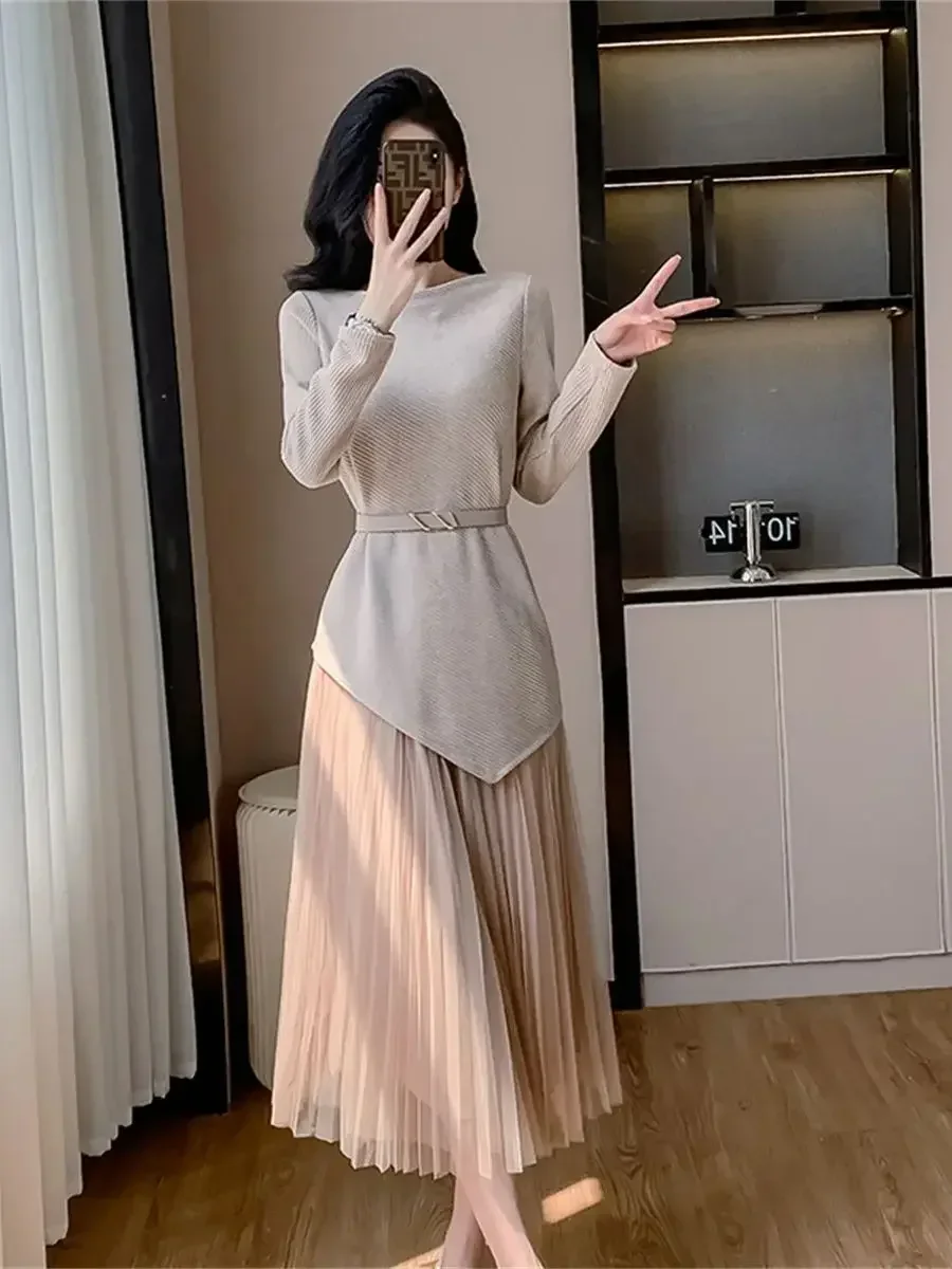 New High Quality Women\'s Two Pieces Set Elegant Knitted Long Sleeve Sweater Tops with Belt + Mesh Long Skirt Sets Sweet Suits