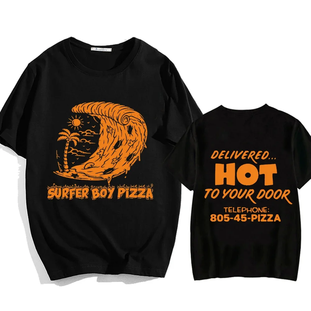 Surfer Boy Pizza T-shirt 100% Cotton Mens Tshirts Vintage Harajuku Summer Clothes Kawaii Funny Cartoon Tee-shirt Short Sleeve