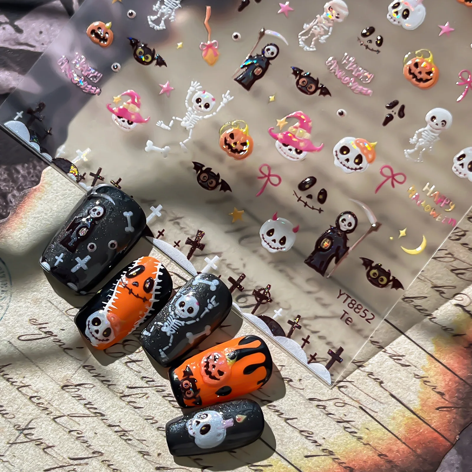 2026 New Halloween Nail Art Stickers Scary Skull Nail Decorations Bat Nail Stickers