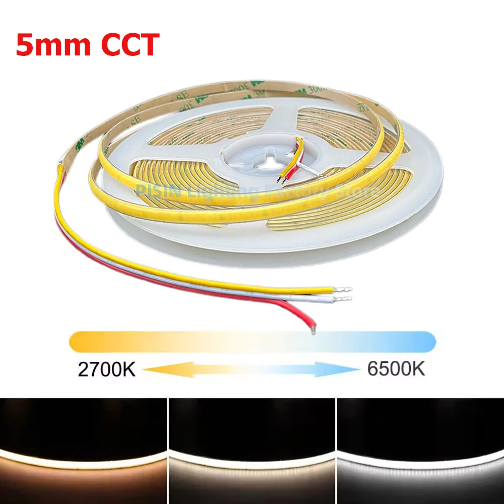 5m DC5V 12V 24V 5mm PCB Ultra Thin COB CCT LED Strip Tunable White 2700+6500K Dual Color Flexible Dimmable Linear LED Tape