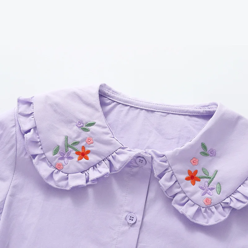 Children Girl Purple Shirts Autumn Floral Embroidery Peter Pan Collar Baby Girl Tops Cotton Solid Casual Kids Girl Long Sleeves